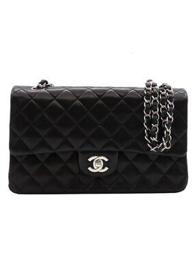 Chanel Chain Shoulder Bag Quilted 25 Double Flap Black Silver Lambskin